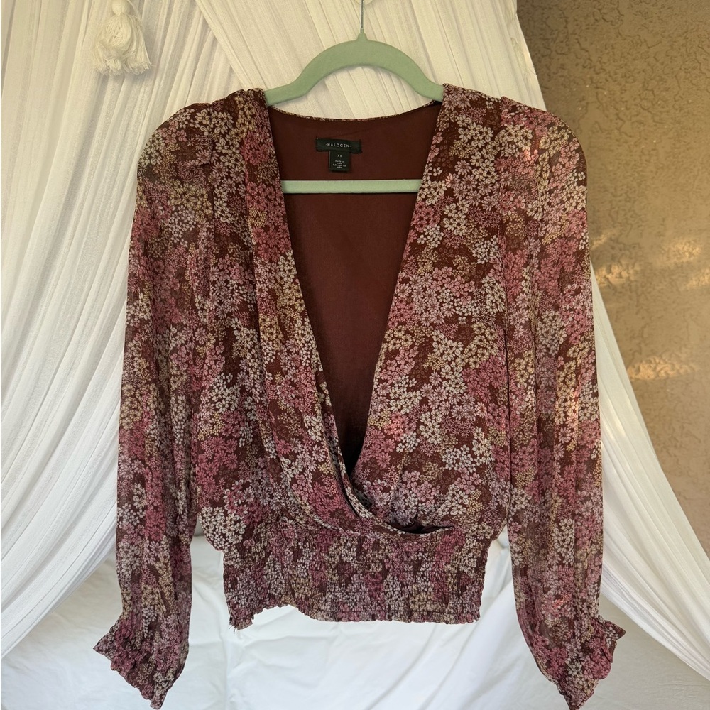 Halogen Burgundy Floral Wrap Blouse